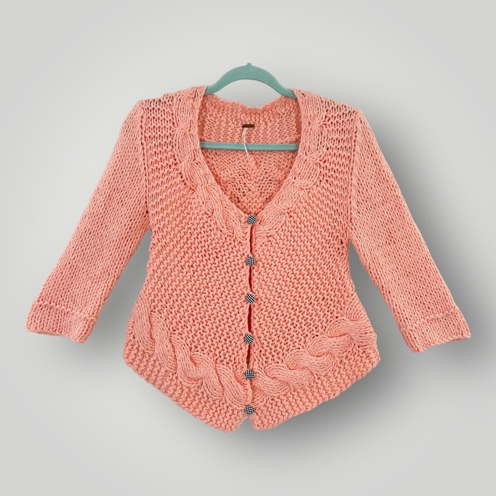 Free People Sweater Womans M Rare‎ Twist Knit Cardigan Candy Peach Cottagecore